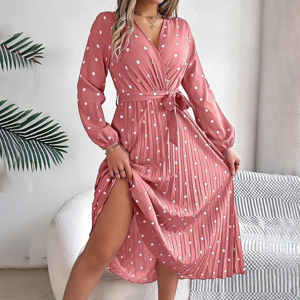 Женское модное элегантное плиссированное длинное платье в горошек с крестом и V-образным вырезом с длинными рукавами и галстуком