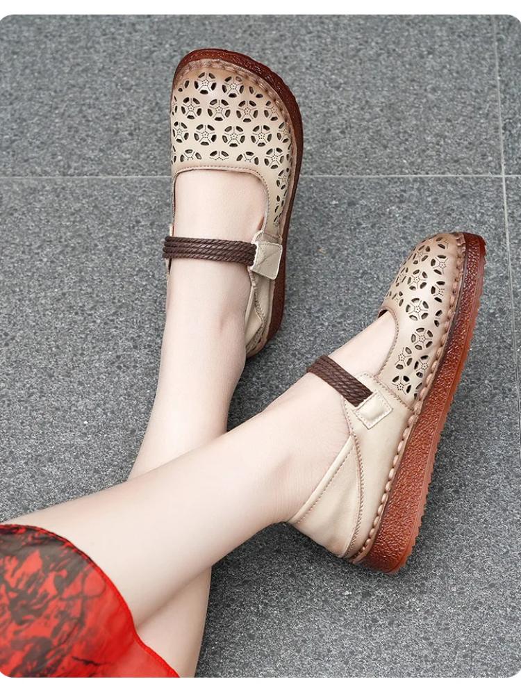 Johnature Women's Flat Shoes Retro Round Toe Genuine Leather Hollow-out Breathable Soft Soled Sandals