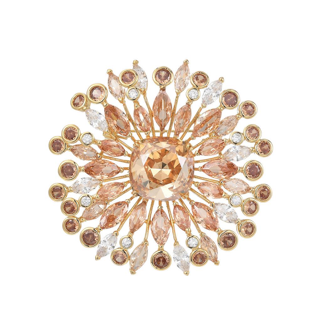 2026 Recommend Sparkling Select Champagne Sunburst Floral Brooch Pave Zircon Crystal 18K Gold Plated Brass for Daily Party Wear