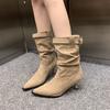 Retro Suede Pointed High-heeled Pleated Pile Boots Women Sexy Style Temperament Belt Buckle Slimming Mid Length Boots for Women