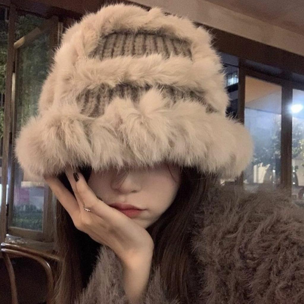 Rabbit Fur Knitted Plush Hat Women'S Autumn And Winter Furry Bucket Hat Big Head Circumference Showing Face Small Wool Hat
