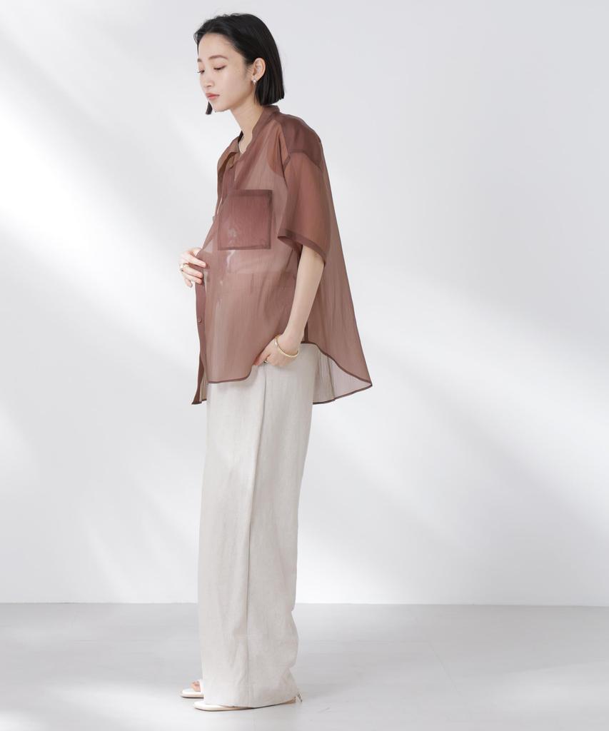 Nano Universe Band Collar Sheer Short Sleeve Size F Women's Shirt, 050, Brown, 673-5121321