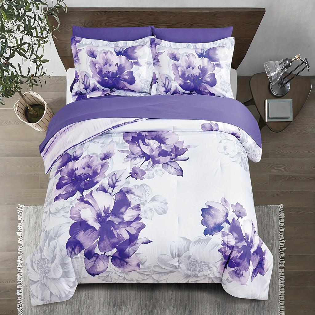 Пододеяльник с узором из фиолетовых цветов в стиле легкой роскоши, размер Queen King, 3D-печать, мягкое и удобное постельное белье, комплект из 3 предметов