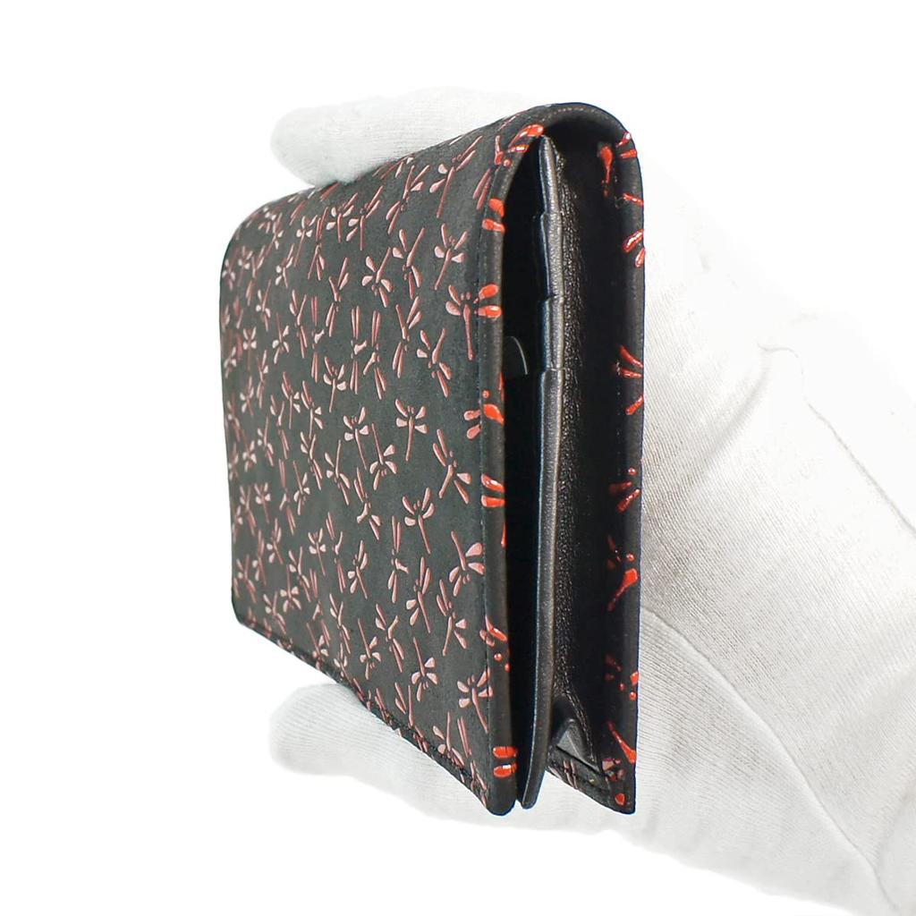 Длинный сверток Inden без монет, черный фон x узор в виде красной стрекозы [Indenya], кошелек, I, кошелек, оленья кожа, лак, 2104-21-008