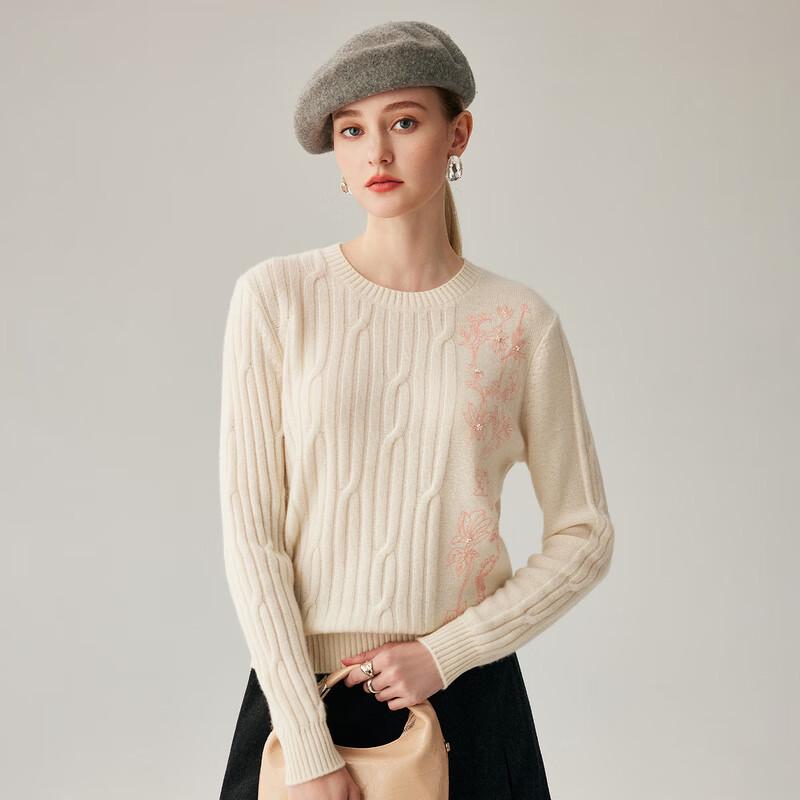 Women's Thickened 100% Cashmere Embroidered Round Neck Sweater