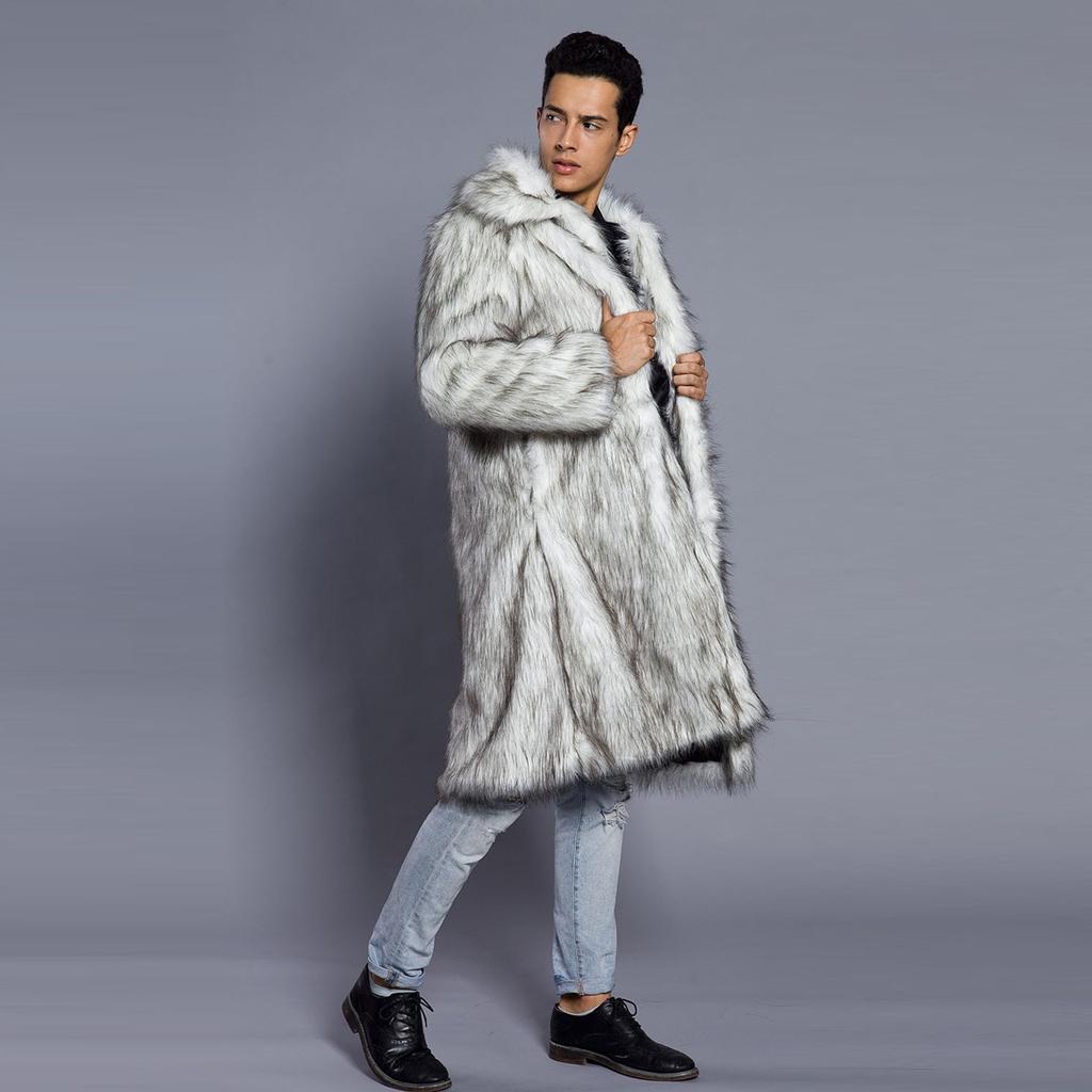 Men's Faux Animal Hair Long Coat Warm Overcoat Turn Down Collar Coat Cardigan Winter Fuzzy Fleece Jacket Open Front