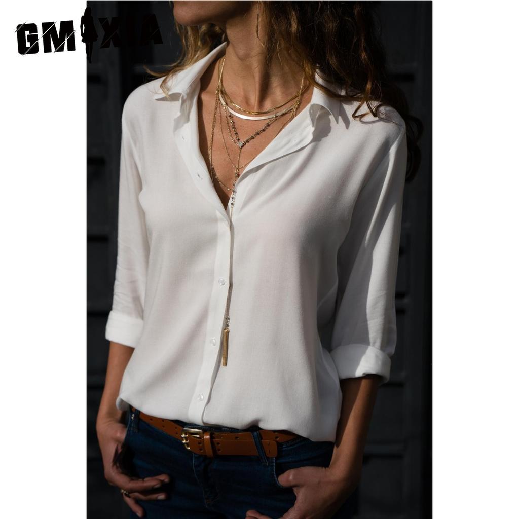 GMXIA Women's Fashion Casual Summer Solid Color Print Long Sleeve V-Neck Blouses & Chiffon Shirts