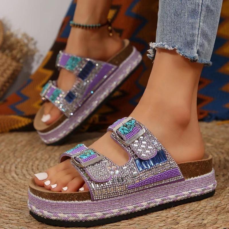 New Cross-border Foreign Trade Thick-soled Hemp Rope Double-buckle Rhinestone Cork Beach Slippers Large-size Women's Shoes