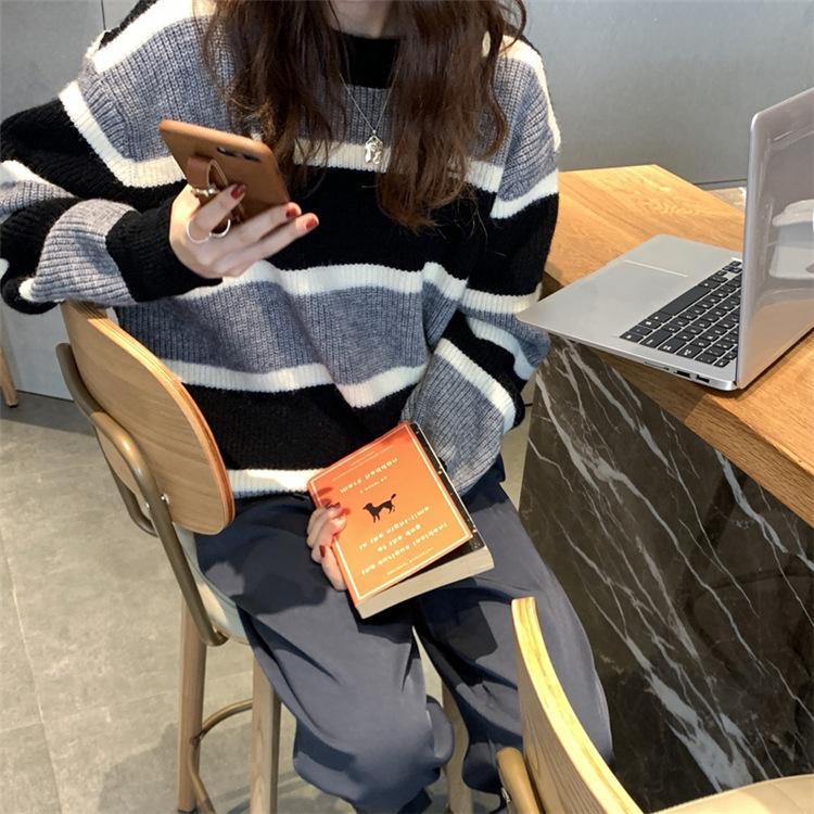 1011 autumn and winter retro niche design sense color matching striped loose round neck college style casual sweater women's bottoming shirt