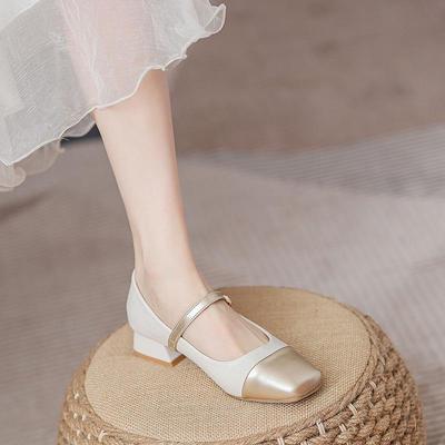 Женские туфли A183 с квадратной головкой на высоком каблуке: Туфли из кожи с ремешком и толстым каблуком на весну/осень