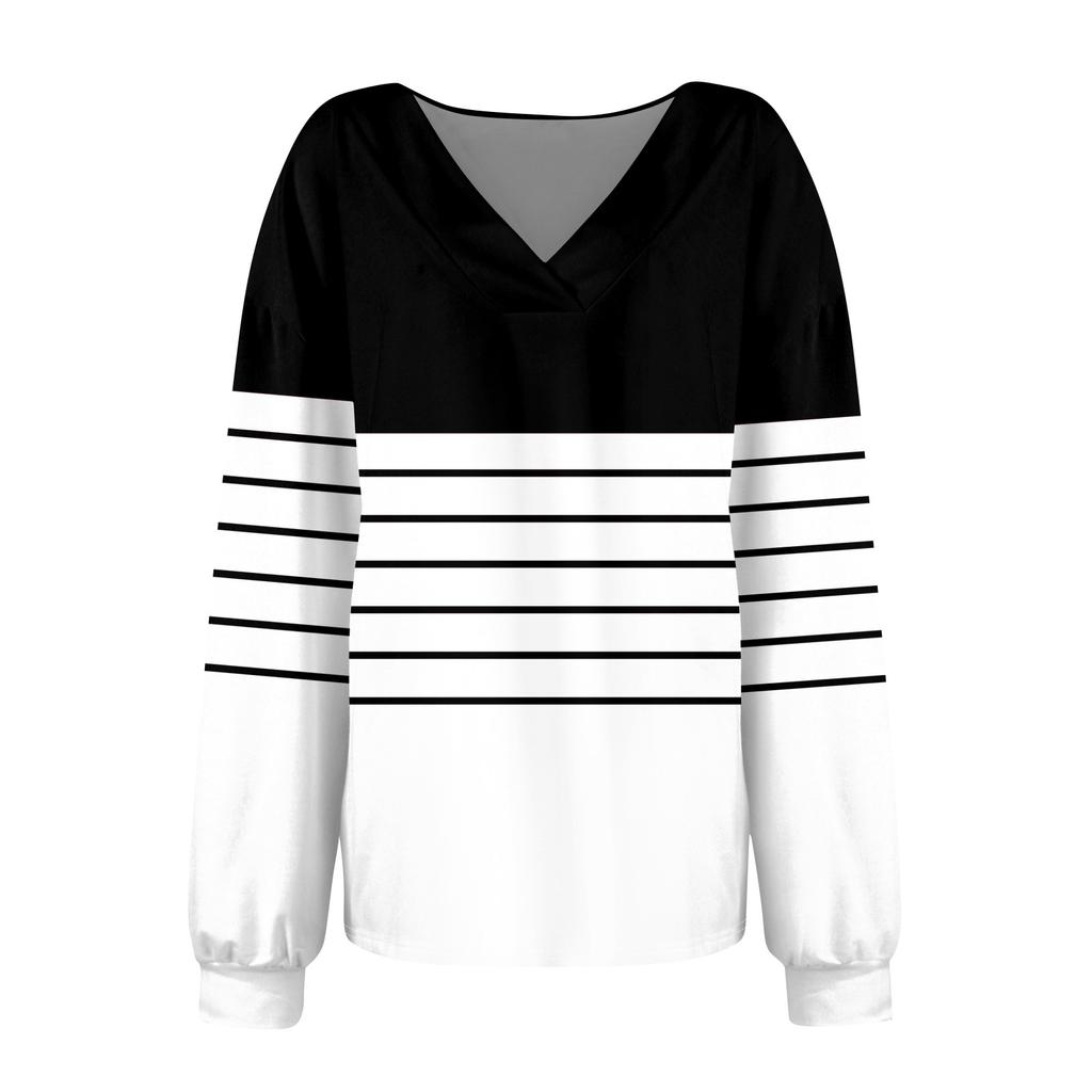 Женская мода полосатый принт V-образный вырез длинный рукав свободный пуловер свитшот топ