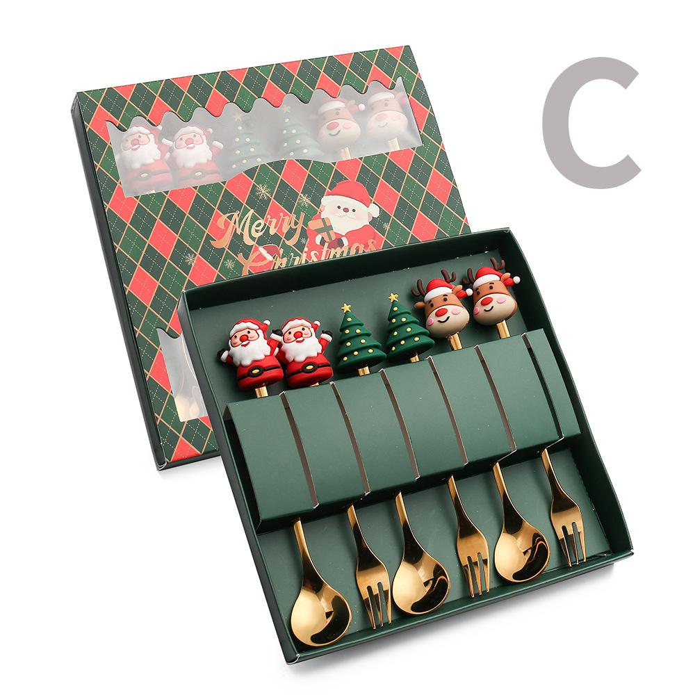 Christmas Spoon Set Cute Coffee Spoon Creative Stirring Spoon Fork Dessert Fork Christmas Gift Box Cutlery 4-Piece