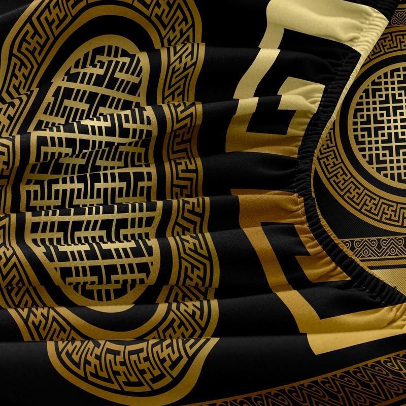 3 Pieces Elegant Luxury Black Gold Greek Key Geometric Fitted Sheet Set, Classic Vintage Circular Square Pattern Bedding