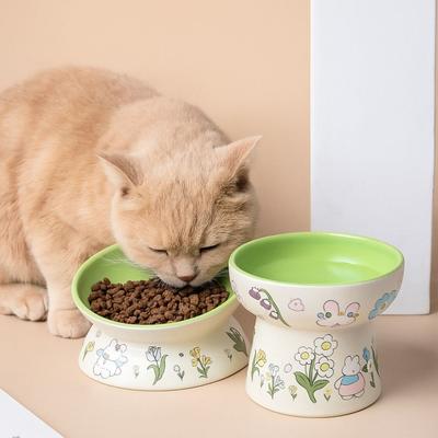 Зеленый Кролик Керамическая Миска для Кошек Нескользящая Диагональная Миска для Кормления Животных Цветочный Узор Миска для Воды Защита Шейных Позвонков