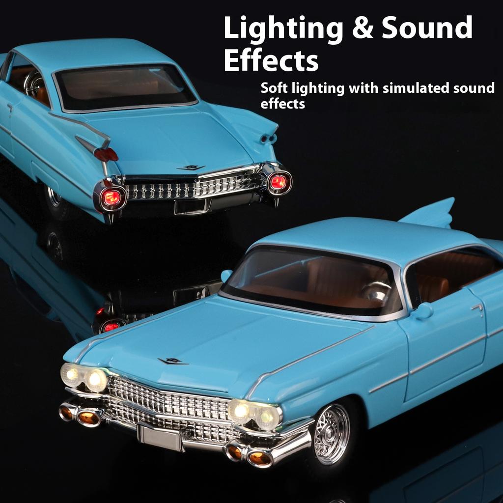AABHU1 Cadillac Eldorado 1959 Metal Die Cast Retro Car Model 1/24 Scale Sound and Light Back Pull Boy Gift Ornament Halloween Toys