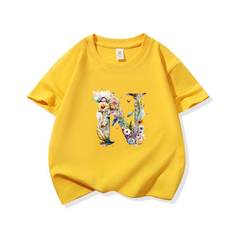 Kids Cotton T Shirt Floral Letter N Print Crew Neck Short Sleeve Tee Casual Boys Girls Summer Tops
