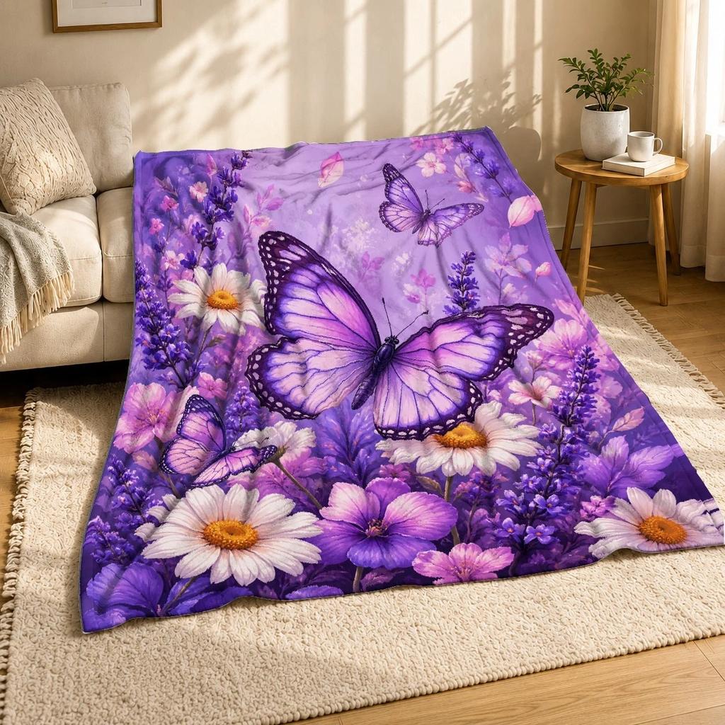 Purple Rose Butterfly Coral Fleece Blanket Reflection Floral Decor