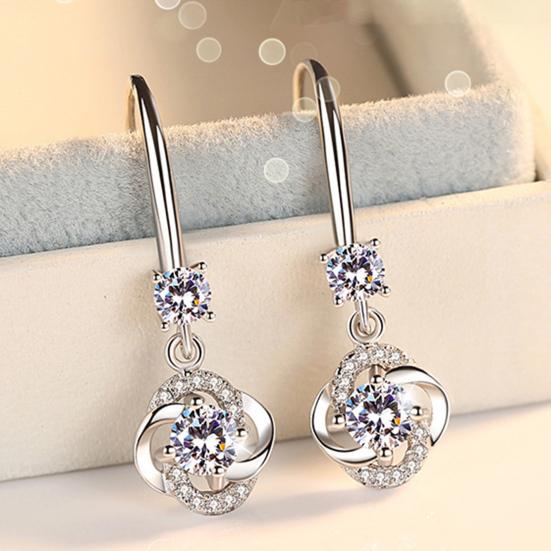 Women Rhinestone Cubic Zirconia Tassel Four-leaf Clover Hook Earrings Jewelry