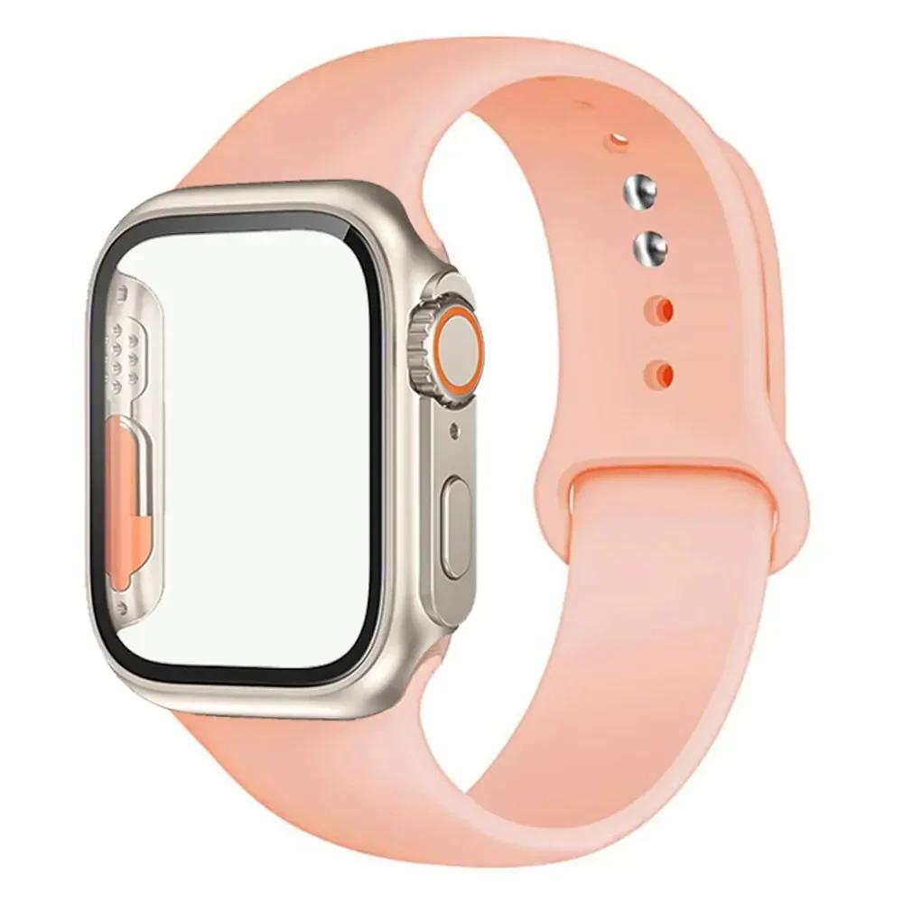 Силиконовый ремешок+Чехол для Apple Watch Band 44 мм 45 мм 41 мм 40 мм Закаленное стекло Cover Изменить на Ultra iWatch Series 9 8 7 SE 6 5 3
