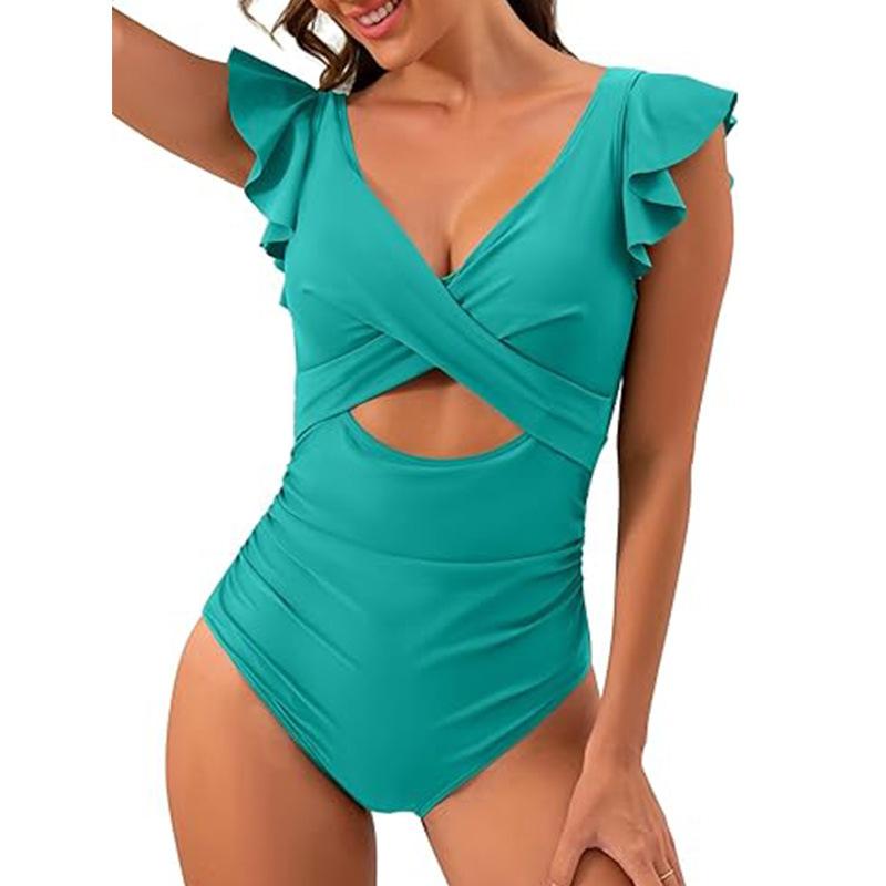 European and American Style Women Fashion Ruffled Cut Out Bikini Tummy Control Swimwear Push Up Monokini Swimsuit One Piece Backless Bathing Suit