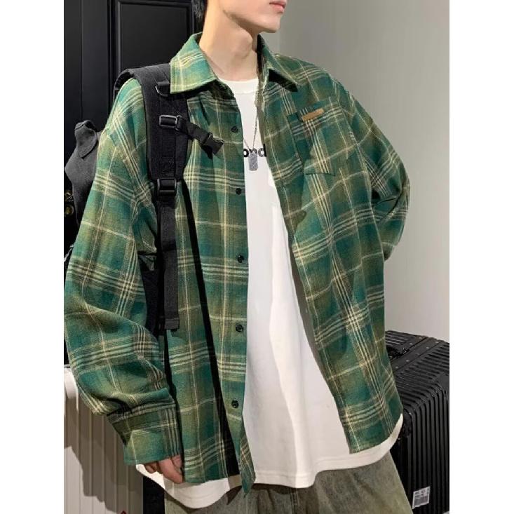TGNS Trendy Spring Brushed Plaid Shirt Unisex Retro American Loose Casual Japanese Style Universal Couple Jacket