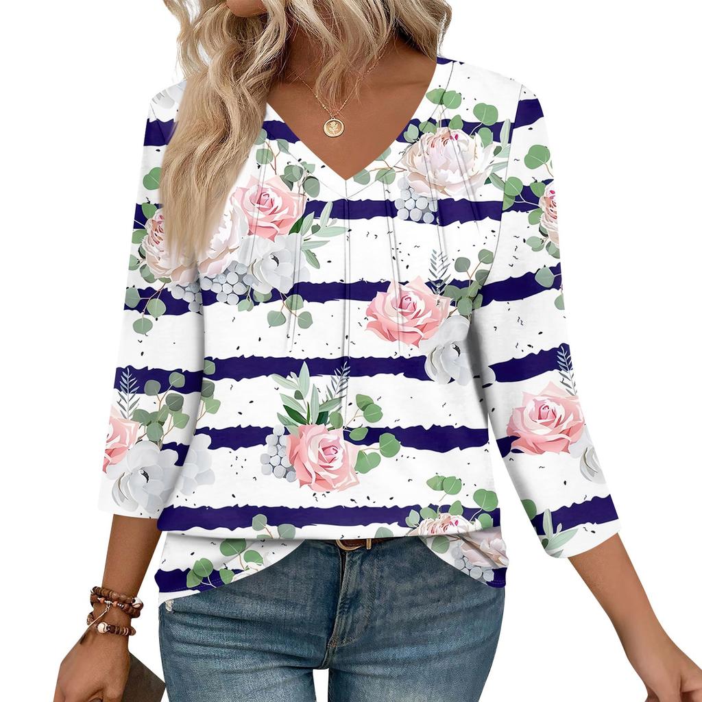 Women's Casual Tops V Neck Pull Stripe Prints Seven Sleeve Tops