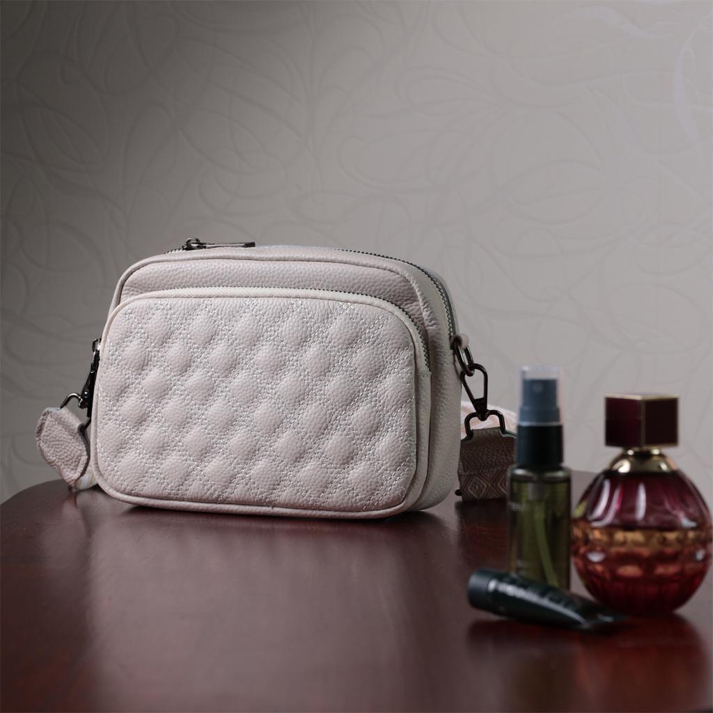 Bag for Women Stitched with Diamonds On the Front Side Made of Genuine Leather Vintage 22633 White