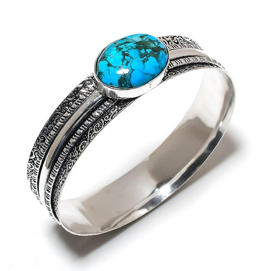 Tibetan Turquoise Gemstone 925 Sterling Silver Cuff Bangle 7.5"