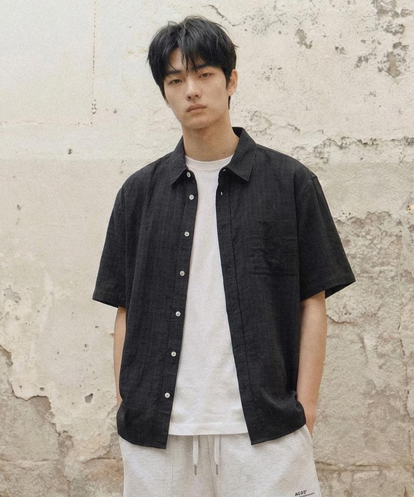 AGOD Vintage Check Front Pocket Half Shirt [Black]