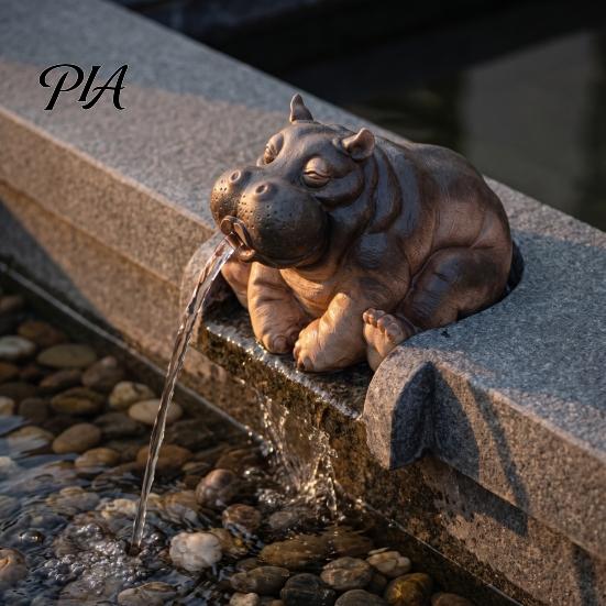 Animal Resin Statue Water Spitting Hippopotamus Figurine, Realistic Hippo Statue, Ornament Fountain Sculpture for Garden Pond Pool Decoration Spray