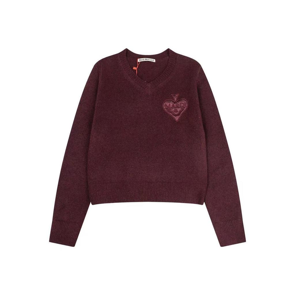 In-Stock MARDI Spring V-Neck Satin Black Heart Casual Sweater for Women