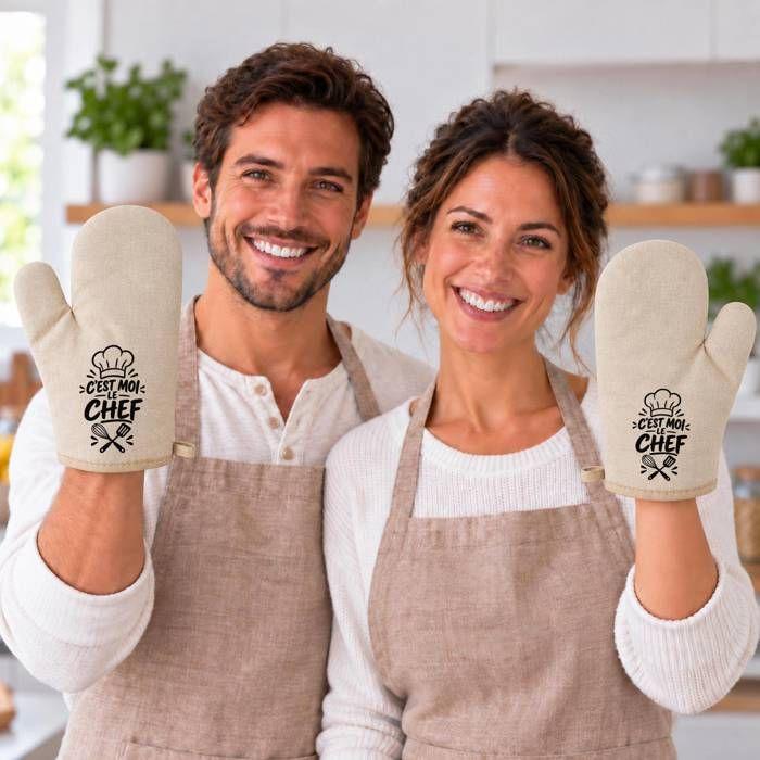 Gant de Cuisine Beige C'est moi le chef | Coton Recyclé 280 g/m² 17 × 26 cm Dos Matelassé | Taille Unique Four Barbecue Pâtisserie