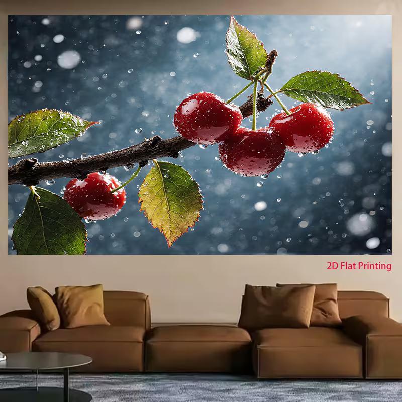 2D Food Photography Backdrop 2D Wet Red Cherries Macro Photo Background for Themed Shoot