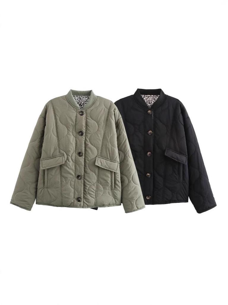 Женская хлопковая куртка большого размера с леопардовым принтом и воротником-стойкой на осень/зиму 2024 года - европейская и американская мода.