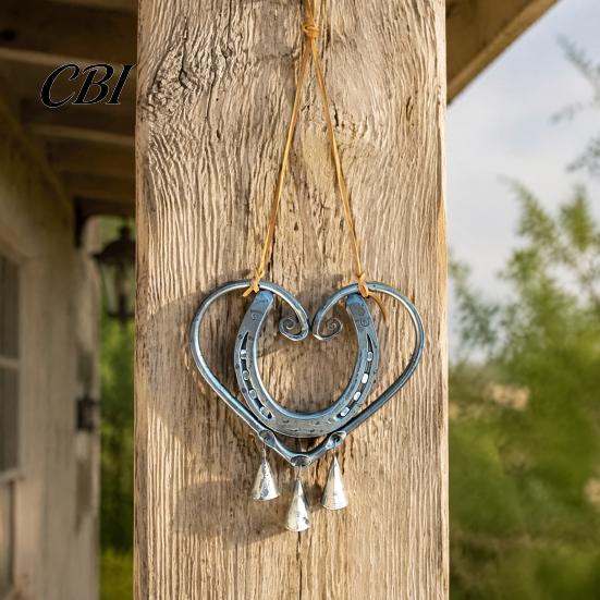 Rustic Home Entrance Decor Horseshoe Heart Shape Wind Chime for Outdoor Garden with Brass Bell Romantic Wedding Souvenir Gift Accents, Metal