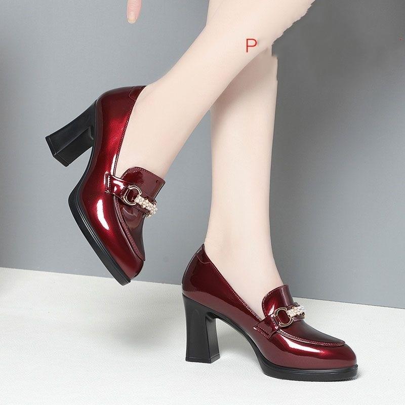 Люблю обувь мягкая подошва мягкая кожа бордовые женские туфли мягкая кожа водонепроницаемые стол высокий каблук туфли-лодочки для женщин среднего возраста с глубоким вырезом кожа