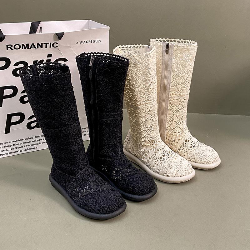 Мода 2025 полые сапоги дышащая обувь модная сетка вязаная линия высокая голень летние женские сапоги до колена труба женская обувь