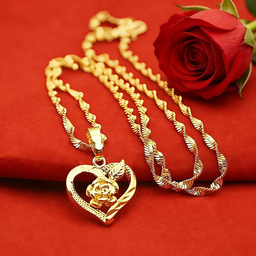Rose Love Gold Pendant Necklace for Women, Rose Heart Love Pendant Choker Chain, Korean Simple Vintage Accessories