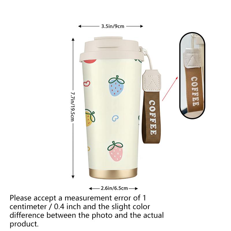 Coffee Mug 532ml Strawberry & Heart Elements Lanyard Insulated Cup Stainless Insulated Cup Hot Cold Cup Heat Proof Travel Cup Car Cup