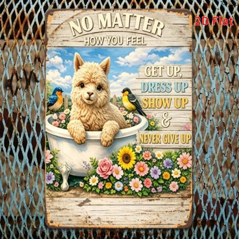 Get Up Put On Crown Alpaca Sunflower Motivational Tin Sign, Rustic Vintage Wall Decor