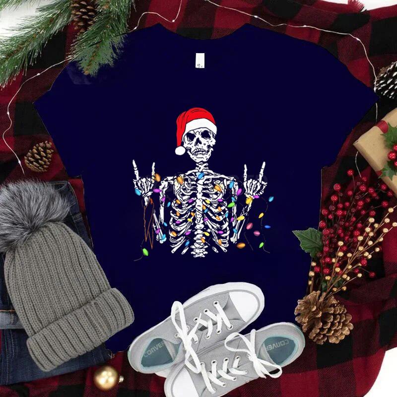 Christmas Skeleton Shirt Funny Lights Skull TShirts for Unisex Unisex Classic Street Style Tops Tees Xmas Santa Hat Skull Clothes