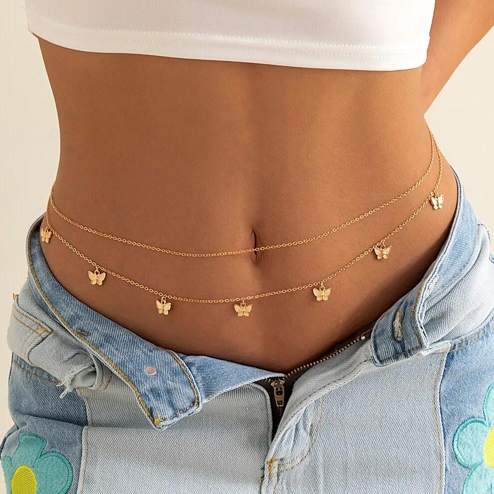 Fashion Classic Cute Butterfly Waist Chain Women Simple Thin Basic Sexy Body Chain Jewelry Summer Vacation Accessories