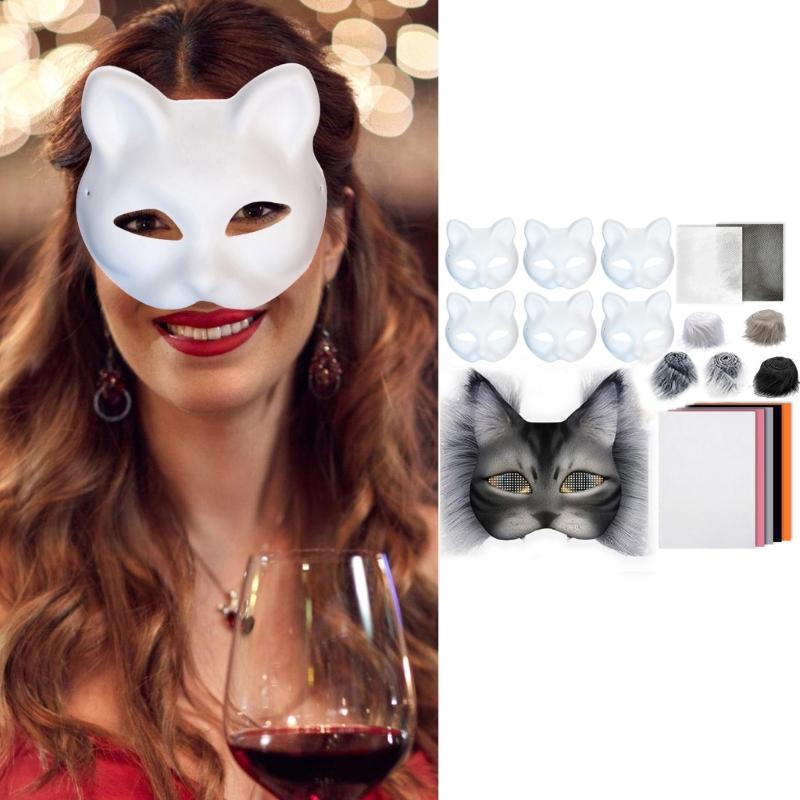 Unpainted Masquerades Mask with Furry Trim Adhesive Fabric Net Cloth Cats Face Mask Unpainted Mask for Halloween Supply