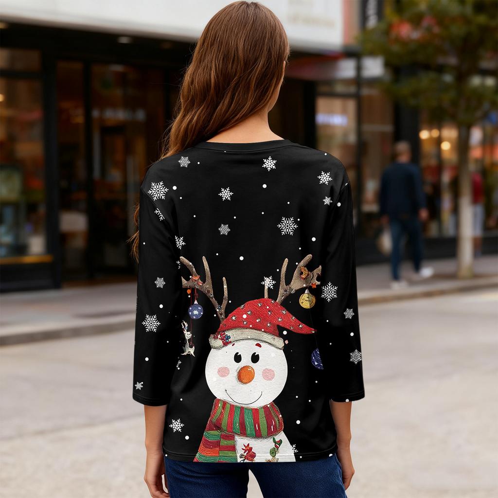 Рубашки с рукавом 3/4 для женщин с принтом, Рождественские футболки, Блузки, Повседневные, Большого размера, Базовые топы, Пуловер