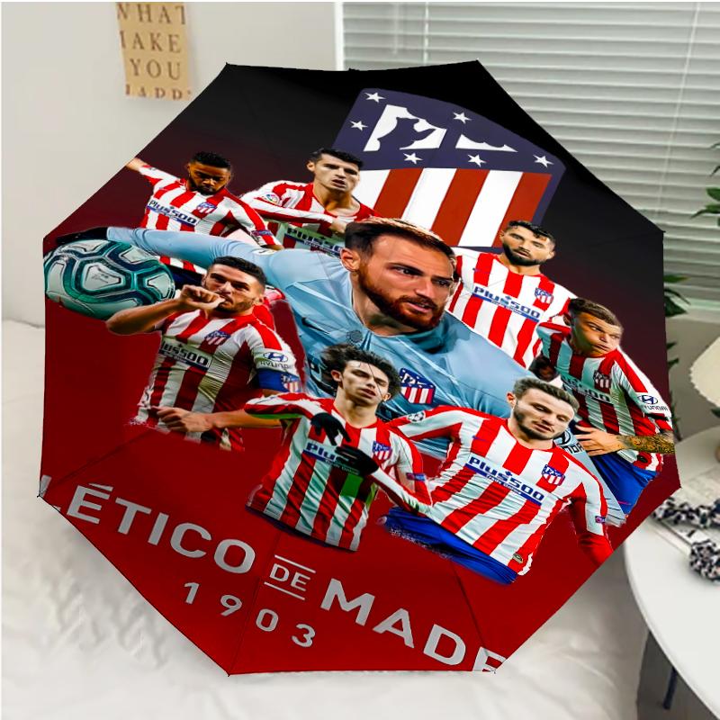 Atlético Madrid logo Print Automatic Umbrella, 8 Rib Iron Frame, Plastic Handle, Suitable for Outdoor Travel &Daily , Ideal Gift