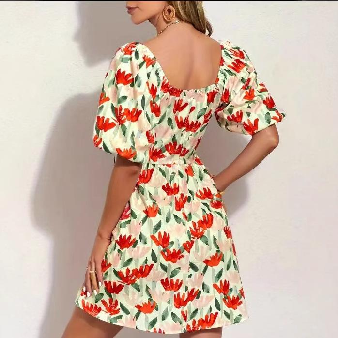 Women's Summer Dresses Lantern Short Sleeve Square Collar Flower Printed Short Dress