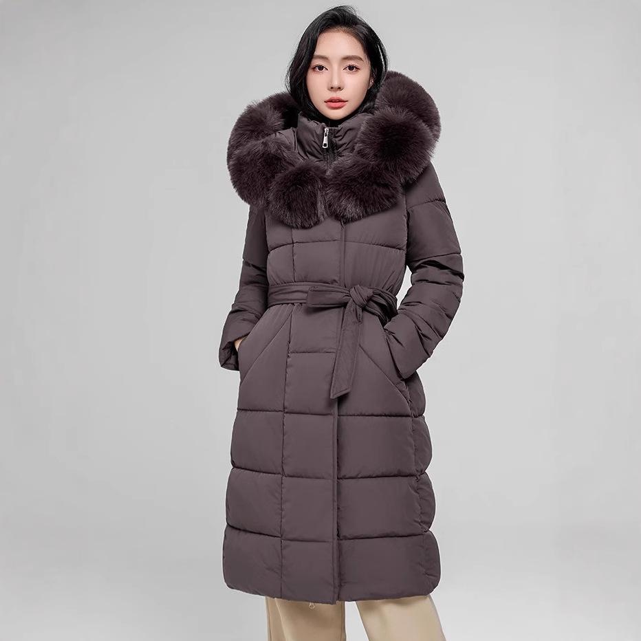 Women's long cotton-padded clothes, winter new large fur collar cotton-padded jacket, slim-fitting hooded, dark coffee color fur collar thickened j