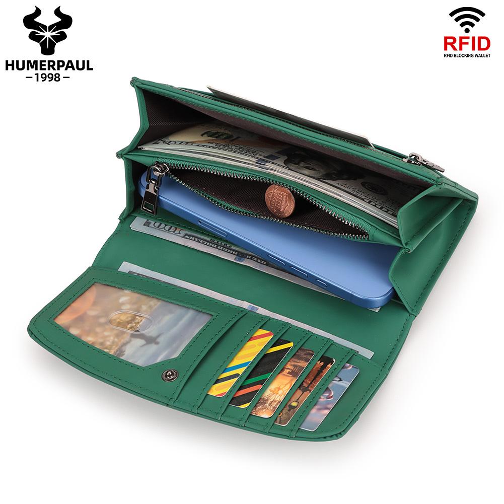 Humerpaul Женские кошельки из натуральной кожи с блокировкой RFID, держатель для карт большой емкости, роскошный дизайнерский женский длинный кошелек