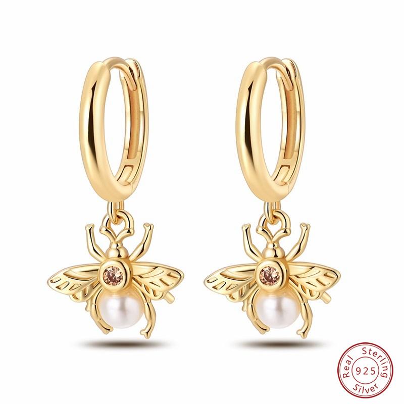 New in 925 Silver Color Gold Pearl Bee Irregularity Star Moon Earrings For Women Trending Fashion Jewelry Birthday Gifts