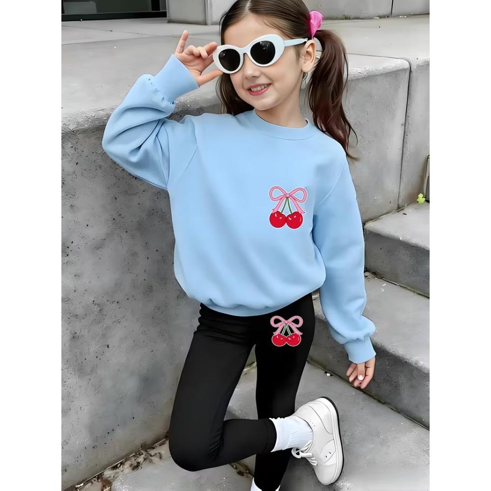 Girls' Cherry Bow Casual Comfortable Soft Loose Pullover Sweatshirt and Leggings 2-Piece Set, New Autumn/Winter, Playful, Sweet and Cool Style